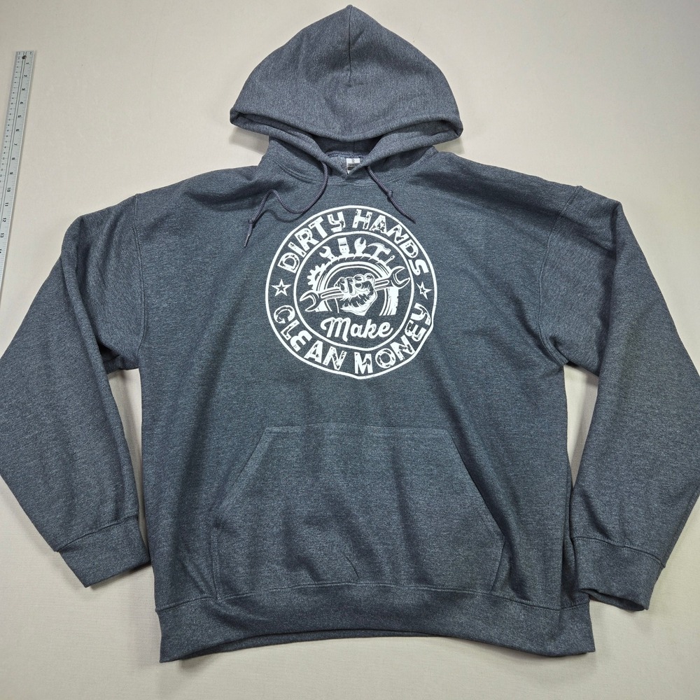 Gildan "Dirty Hands Make Clean Money" Charcoal Gray Hoodie Graphic Print XL
